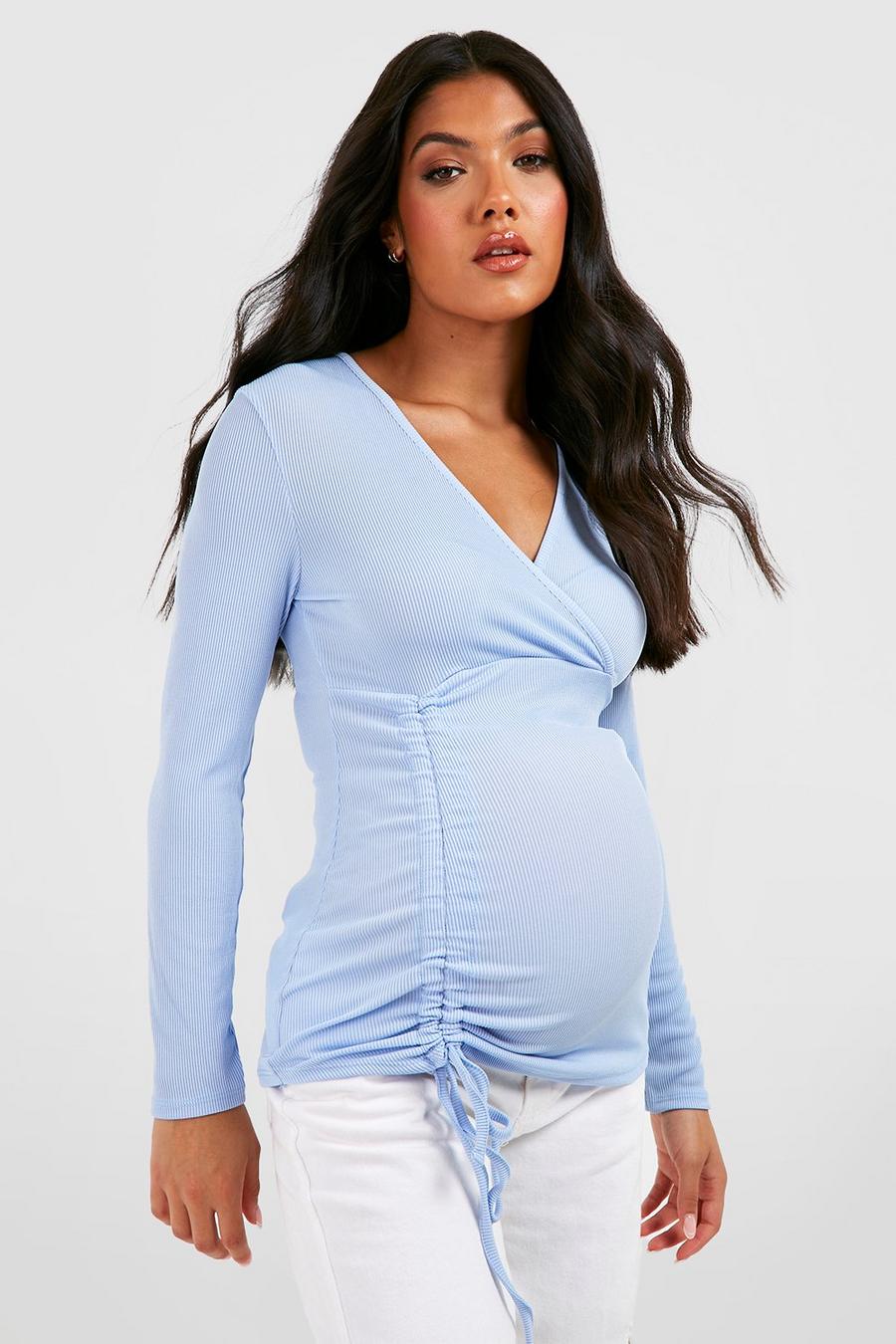 Blue Maternity Rib Ruched Long Sleeve T-shirt