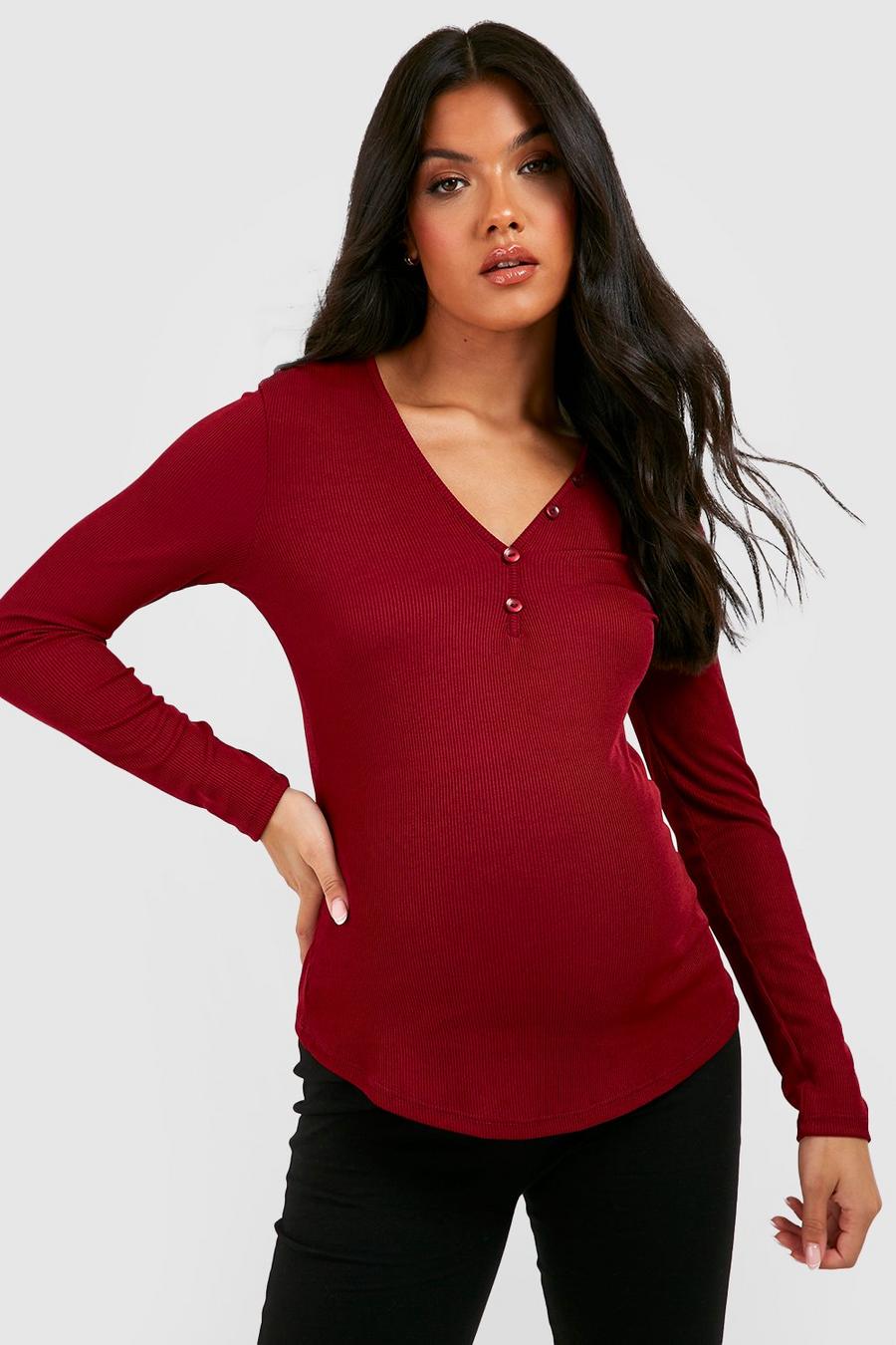 Maternité - T-shirt de grossesse côtelé à manches longues, Berry image number 1