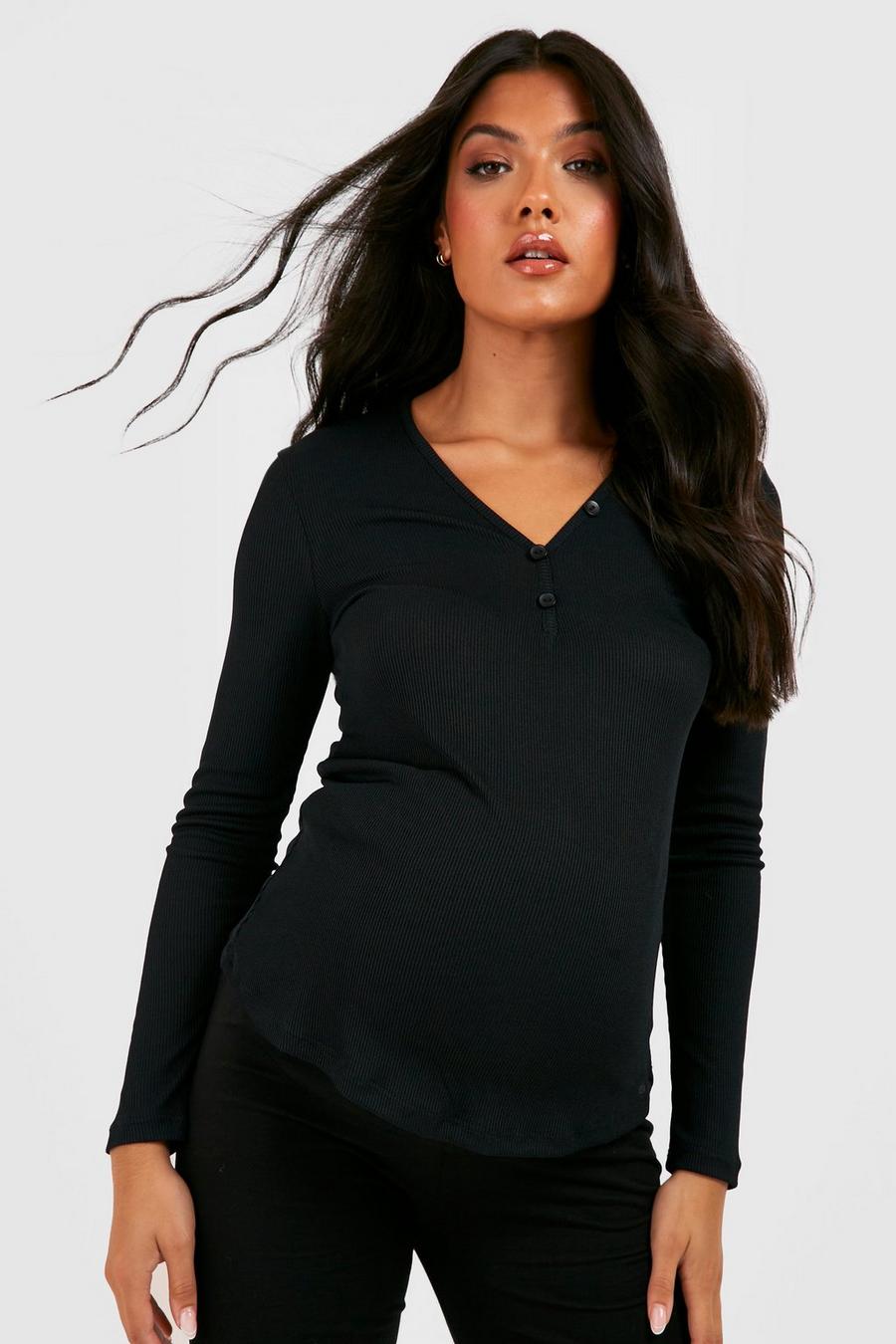 Black Maternity Rib Button Long Sleeve T-shirt image number 1
