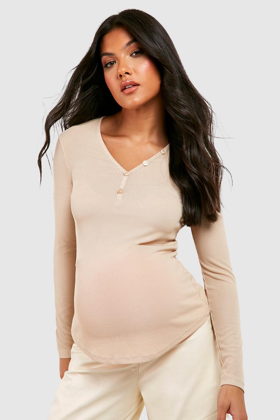 Maternité - T-shirt de grossesse côtelé à manches longues, Stone image number 1