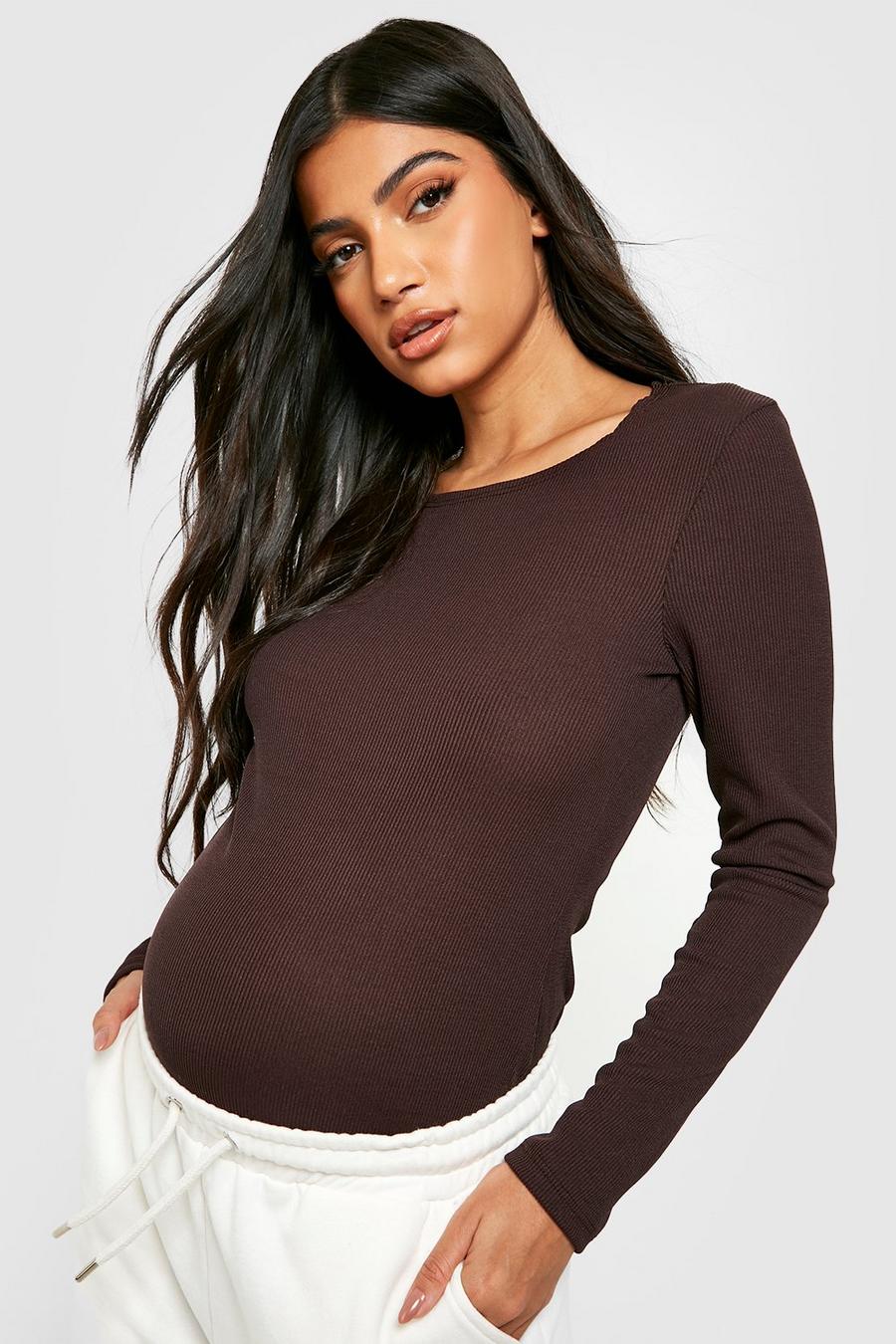 Maternité - T-shirt de grossesse côtelé à manches longues, Chocolate brown