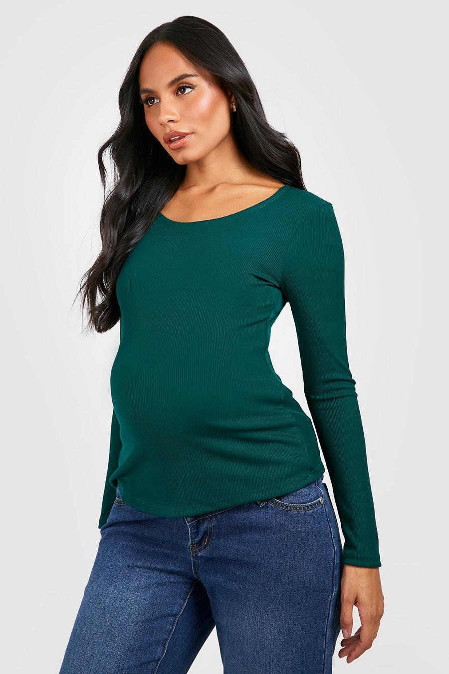 Umstandsmode geripptes T-Shirt mit langen Ärmeln, Dark green grün