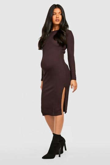 Maternity Long Sleeve Split Midi Dress chocolate