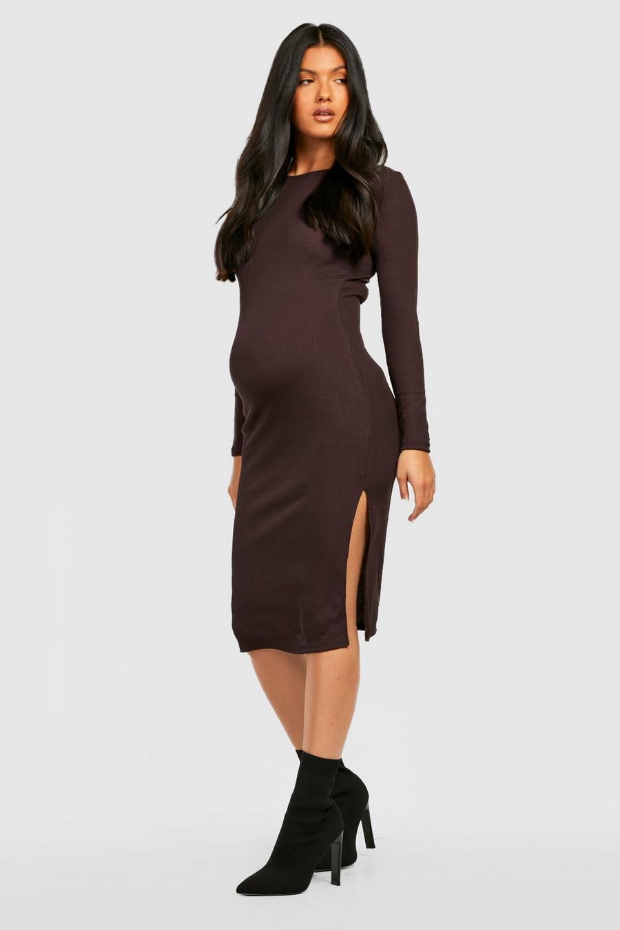 Chocolate brown Maternity Long Sleeve Split Midi Dress image number 1