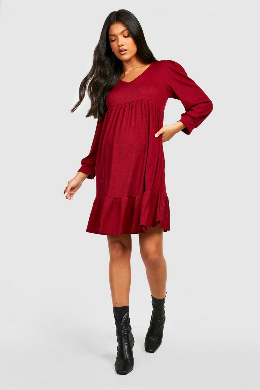 Berry red Maternity Tiered Smock Dress