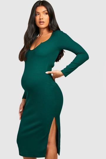 Maternity Notch Neck Midi Dress dark green