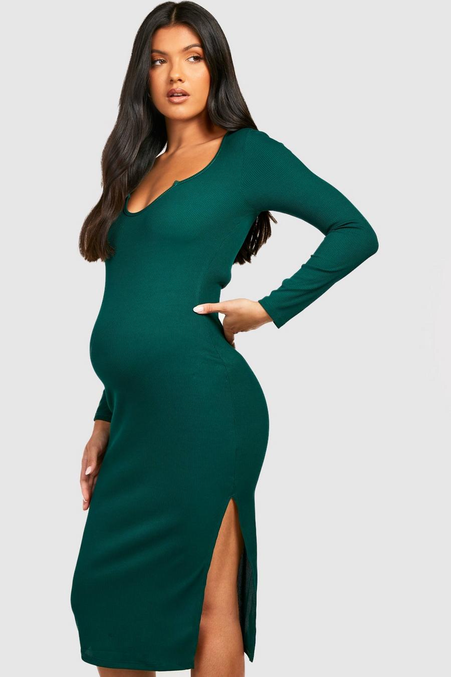 Dark green Maternity Notch Neck Midi Dress image number 1