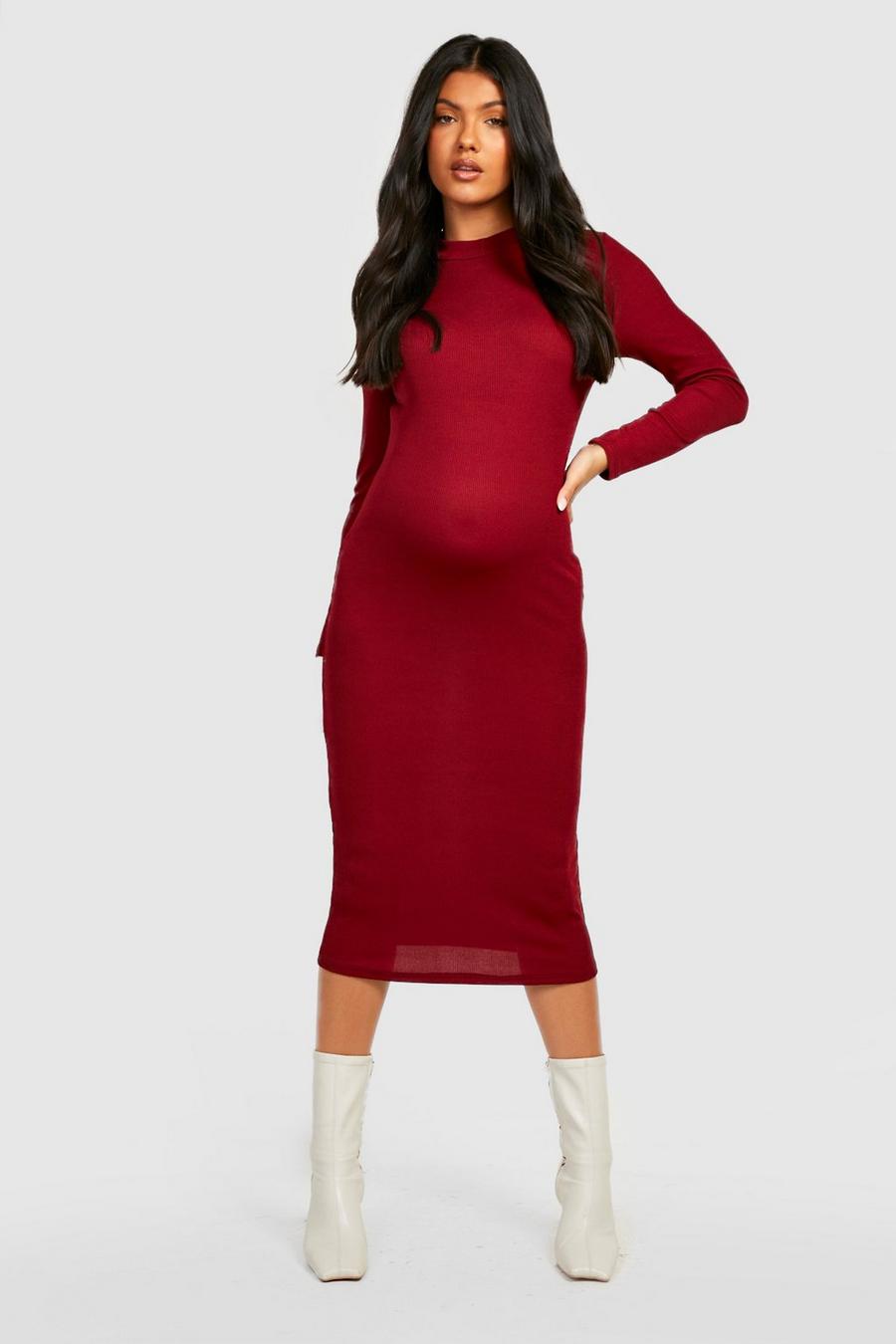 Berry red Maternity Funnel Neck Midi Dress