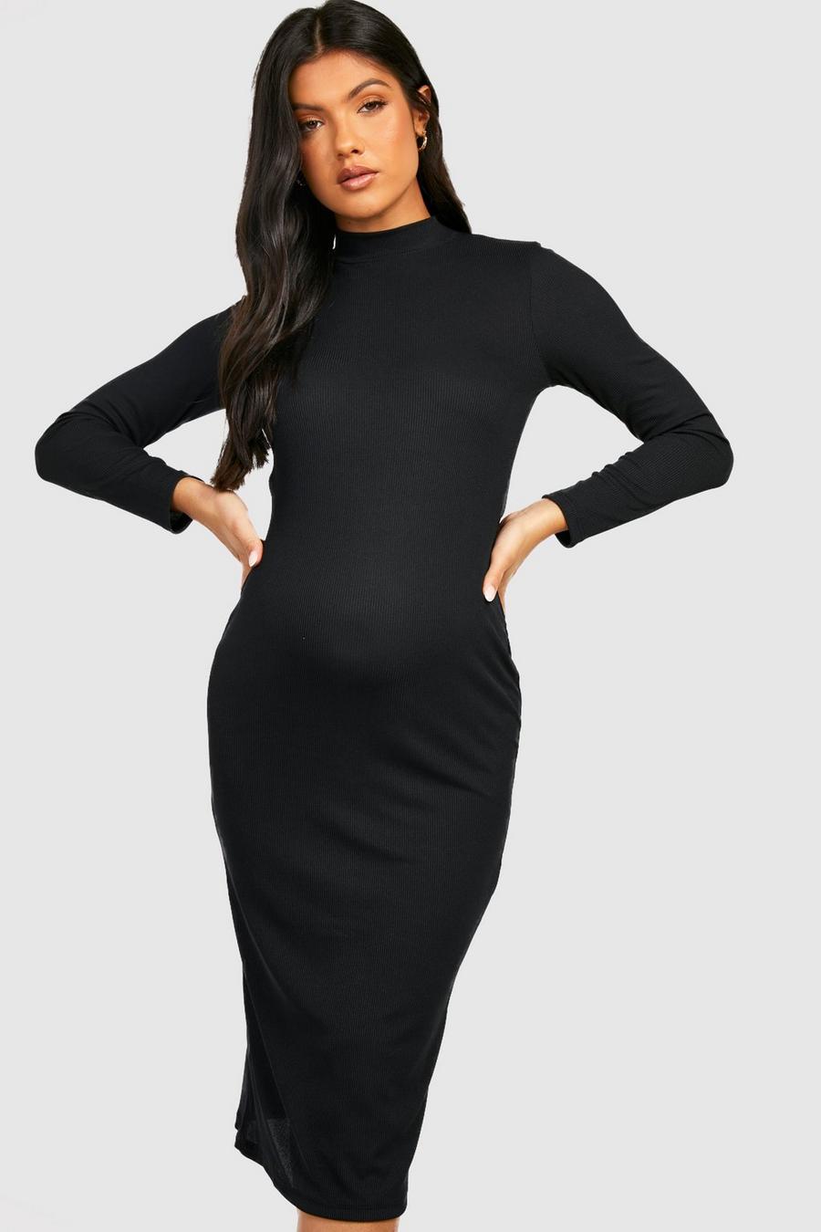Black Maternity Funnel Neck Midi Dress