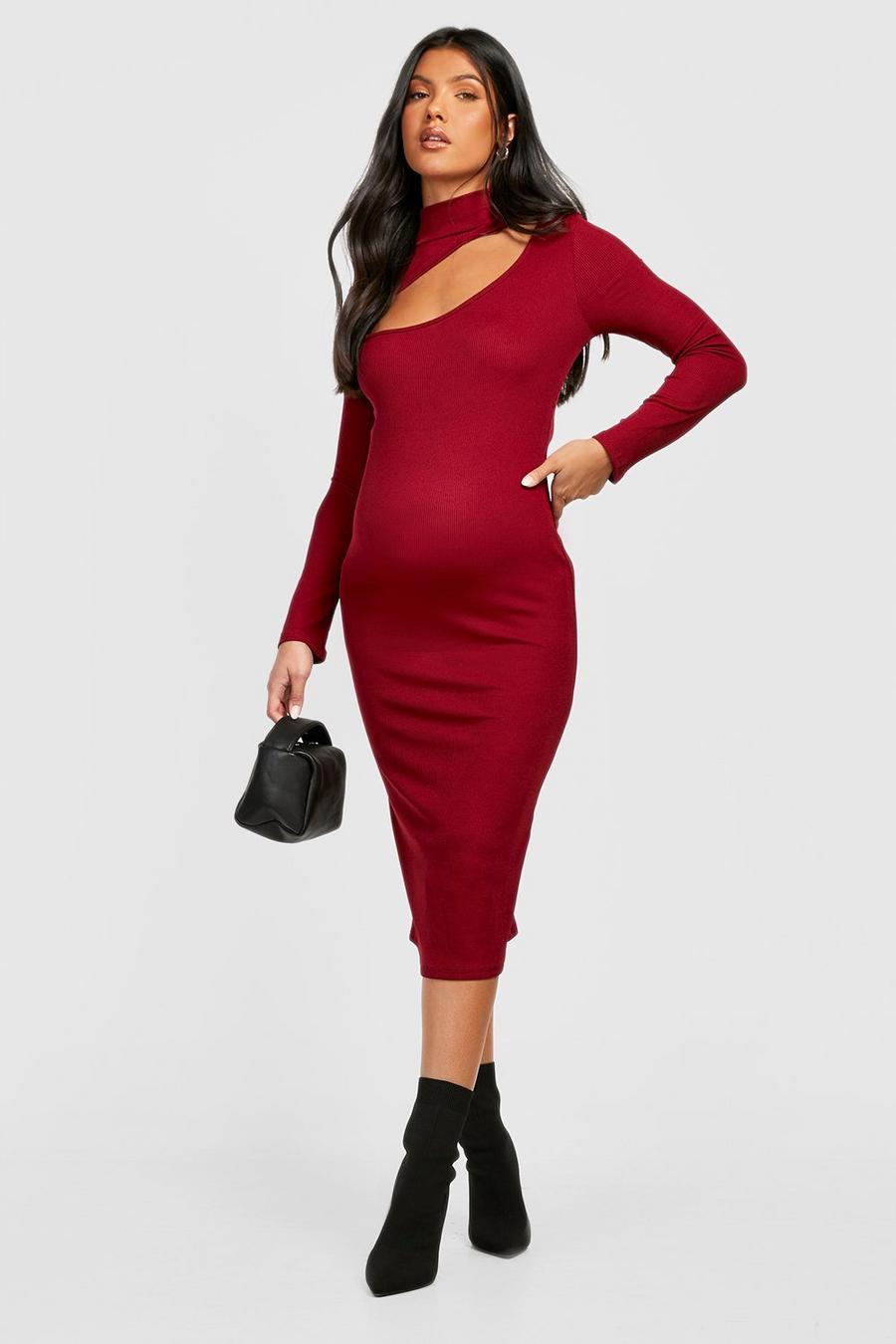 Wine red Maternity Cut Out Turtleneck Midi Dress