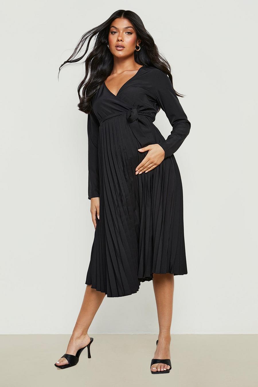 Black Maternity Occasion Pleated Wrap Midi Dress image number 1