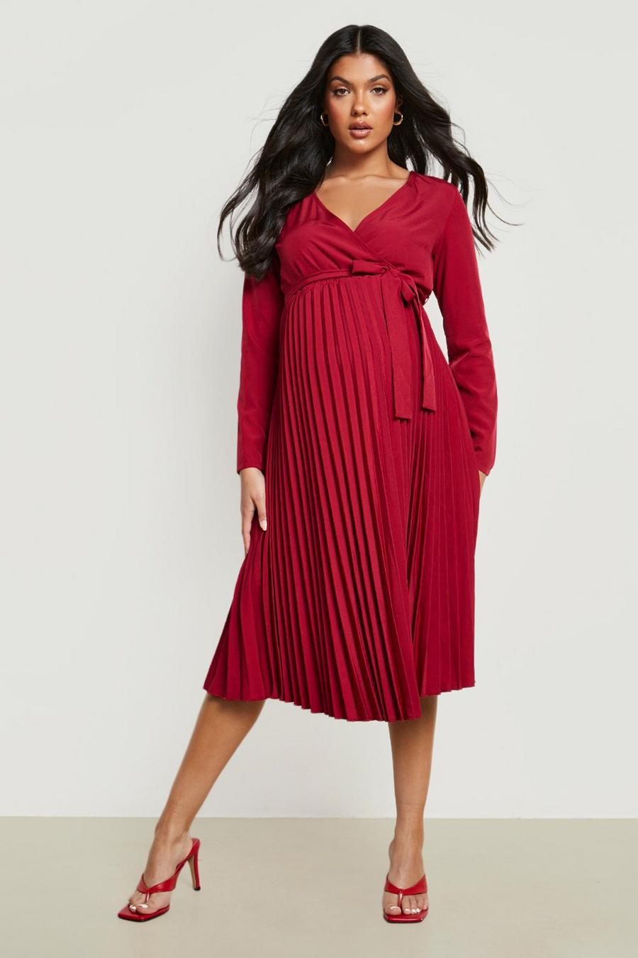 Wine Maternity Occasion Pleated Wrap Midi Dress image number 1