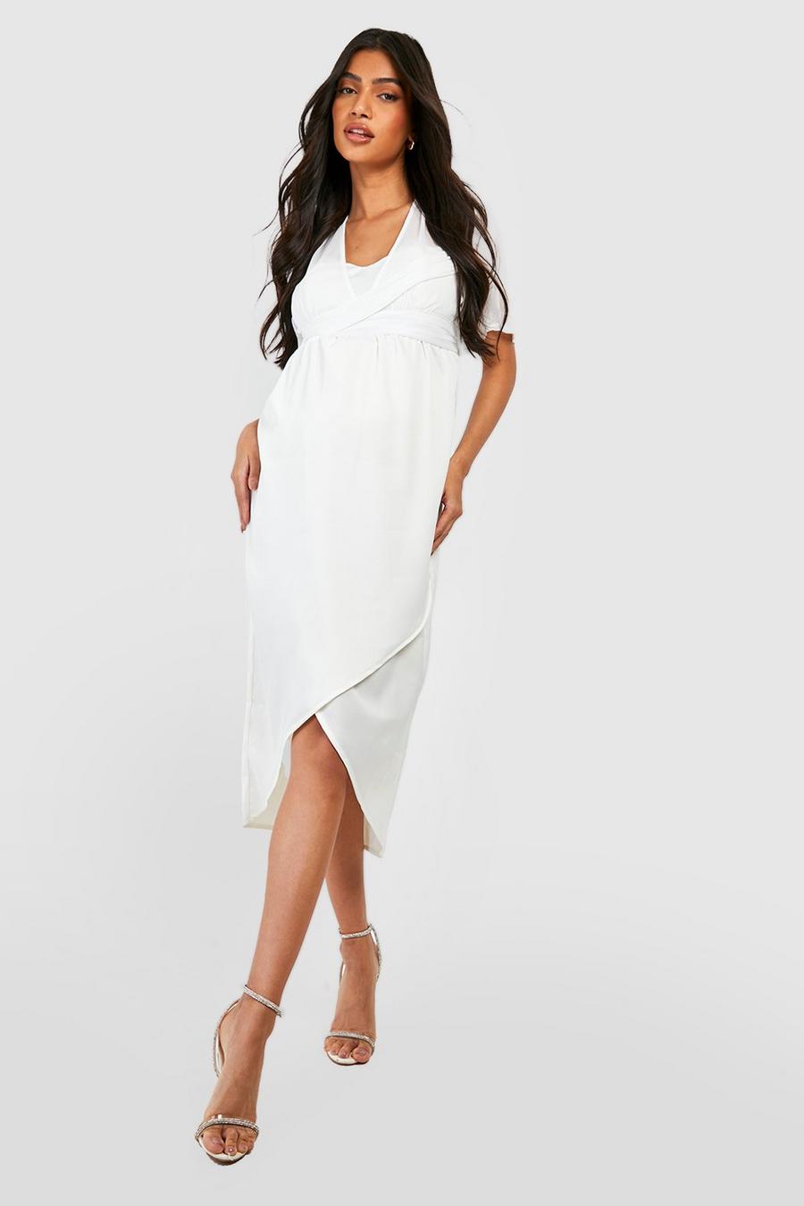 Ivory white Maternity Occasion Twist Wrap Midi Dress