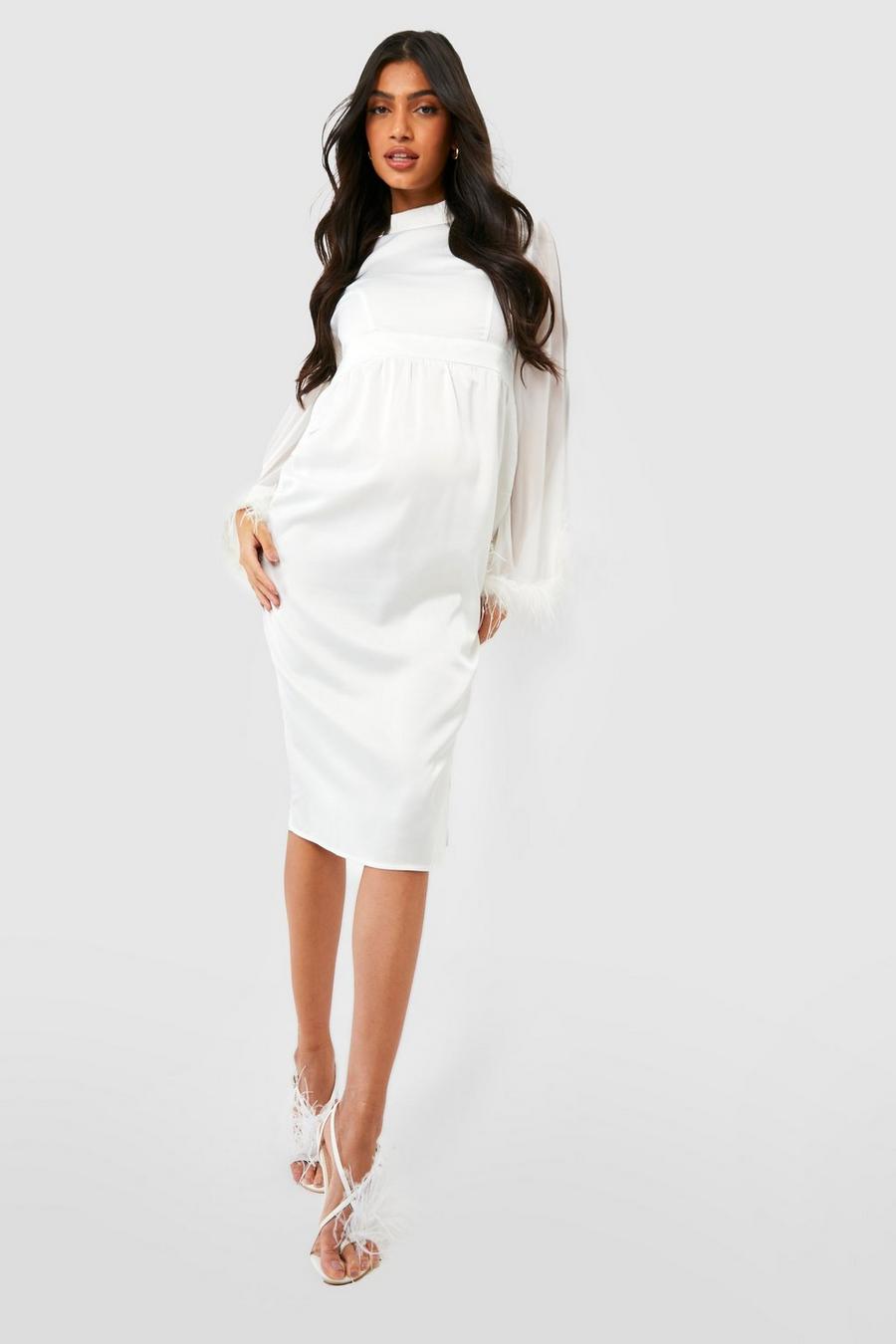 White Maternity Occasion Feather Cape Midi Dress sts image number 1