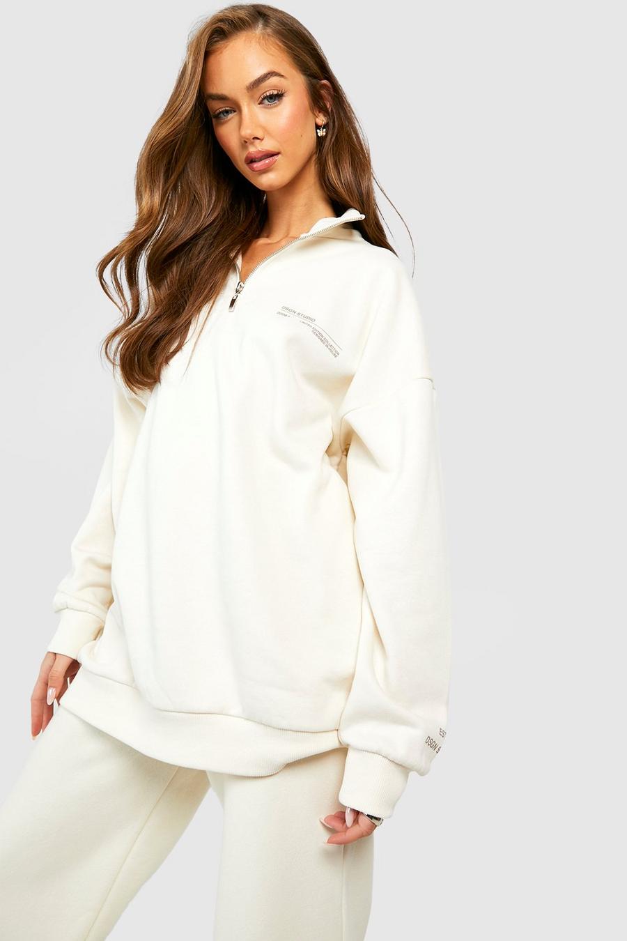 Women's White Premium Text Half Zip Funnel Neck Sweater | Boohoo UK