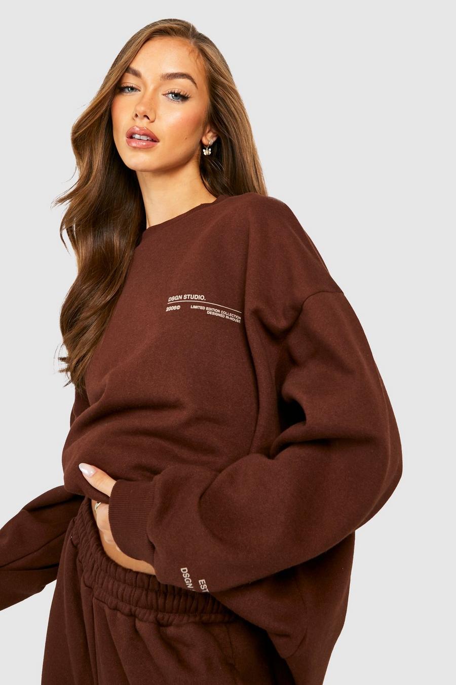 Chocolate brown Premium Text Print Oversized Sweater