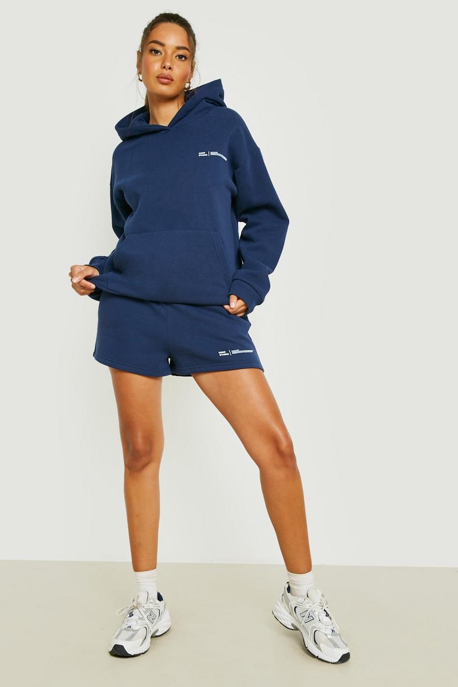 Navy Text Print Hooded Short Tracksuit 