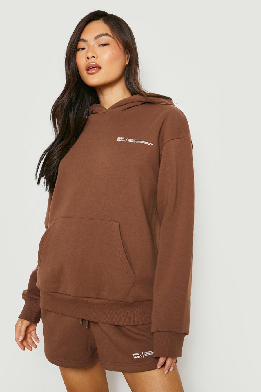 Chocolate Text Print Hooded Short Tracksuit image number 1