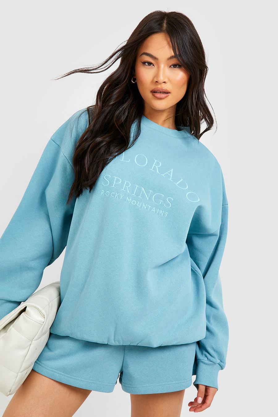 Blue Tonal Embroidered Sweater Short Tracksuit 