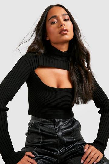 Petite Two Tone Knit Cut Out High Neck Top black