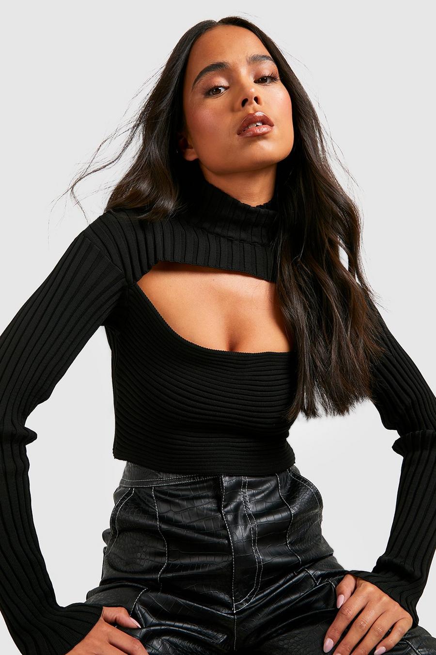 Black Petite Two Tone Knit Cut Out High Neck Top image number 1