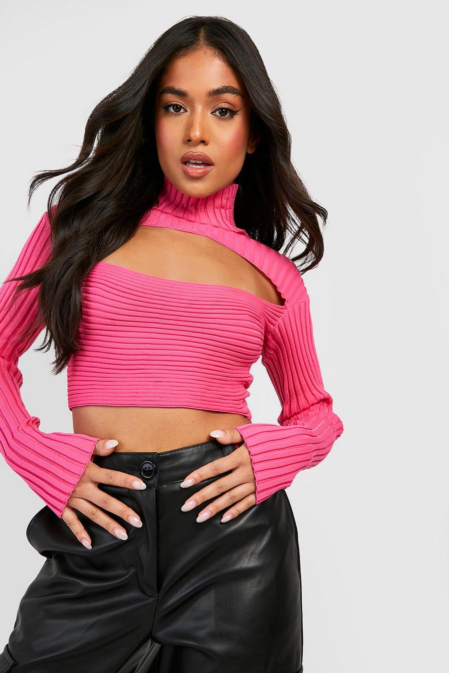 Hot pink Petite Two Tone Knit Cut Out High Neck Top image number 1