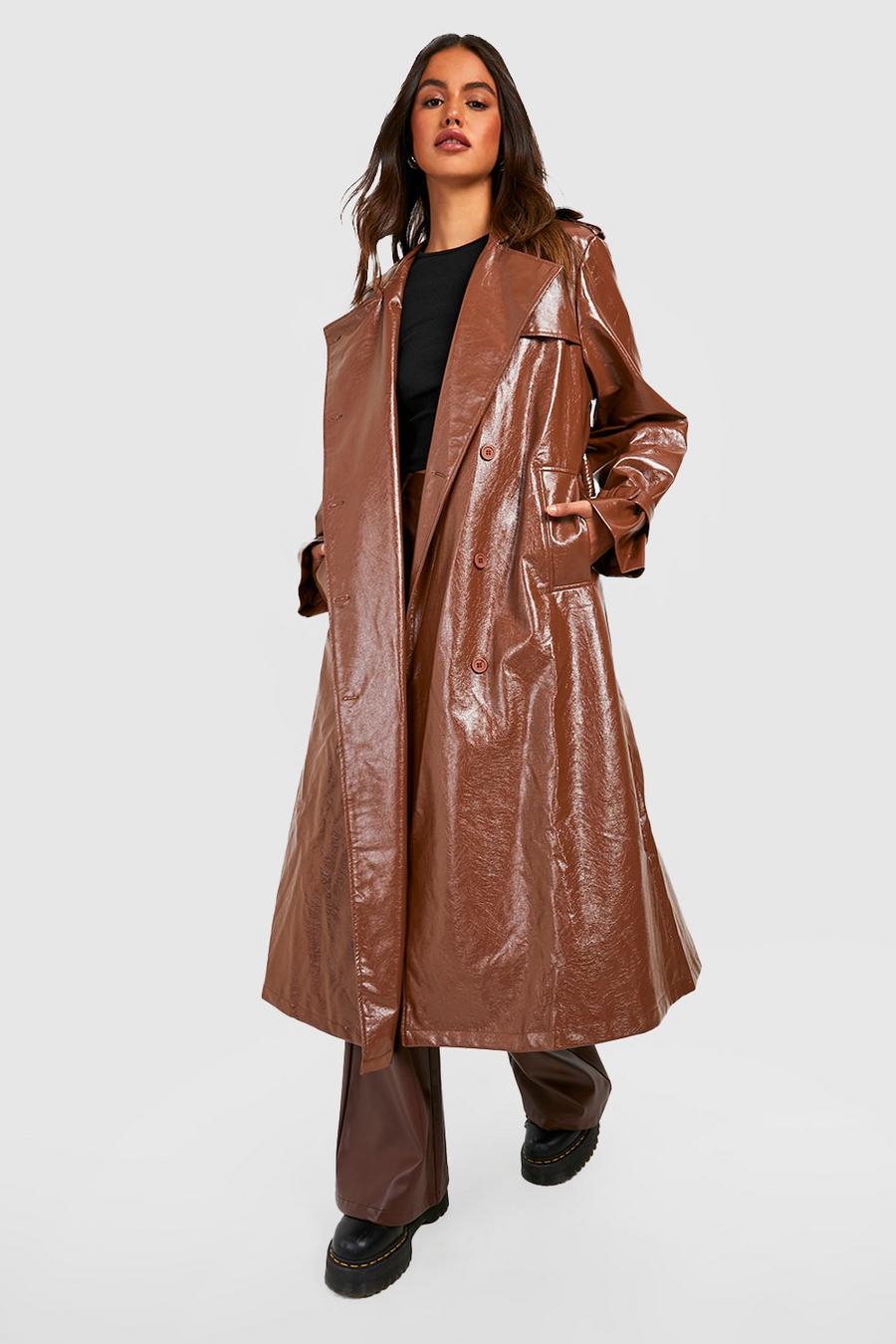 Chocolate brown Vinyl Oversized Trench Coat image number 1