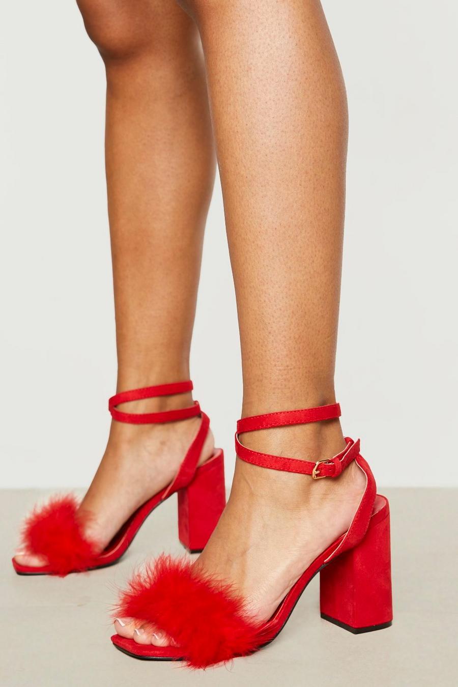 Chaussures à talon carré et bordure en fausse fourrure - Pointure large, Red image number 1