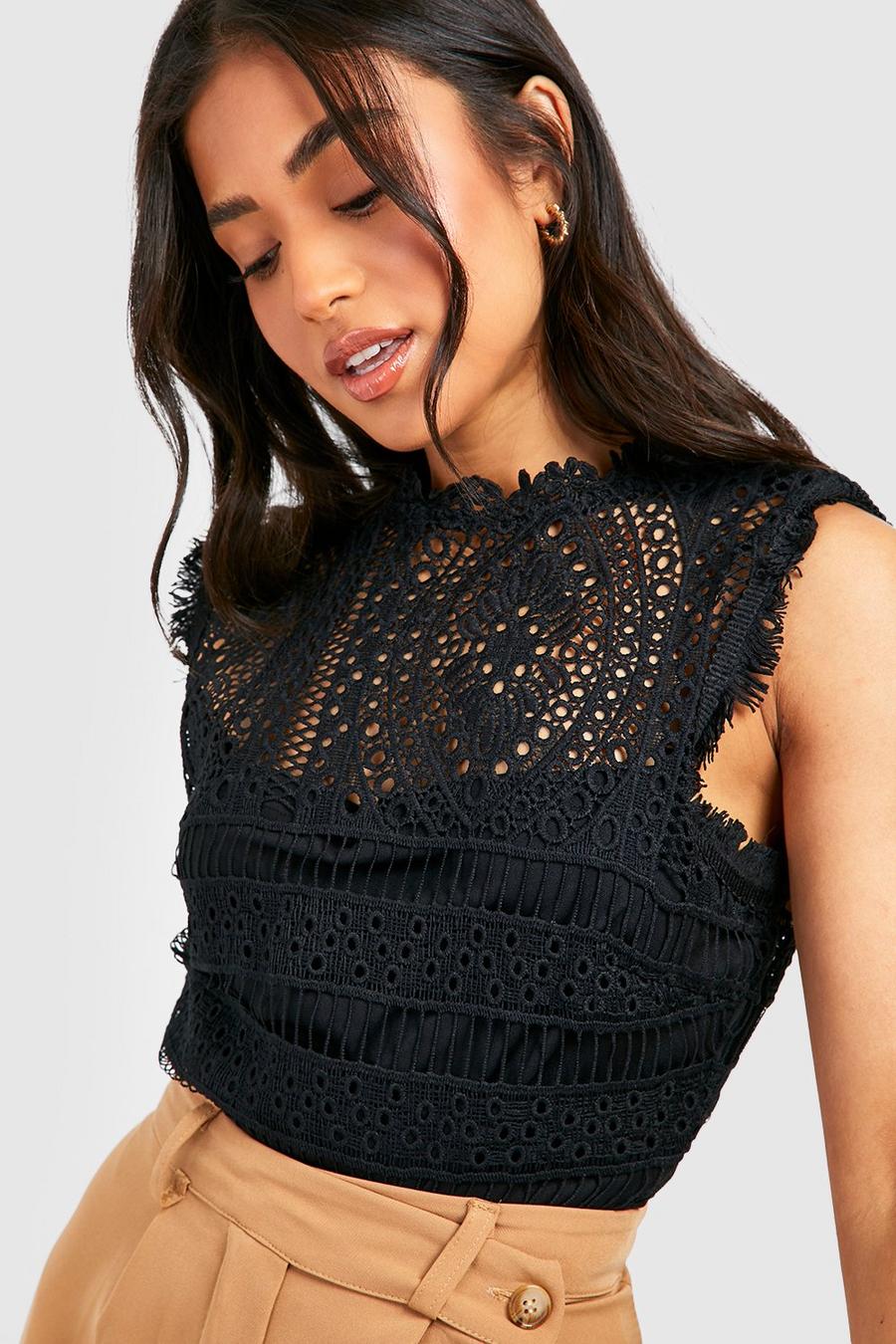 Black Petite Occasion Crochet Lace Bodysuit image number 1