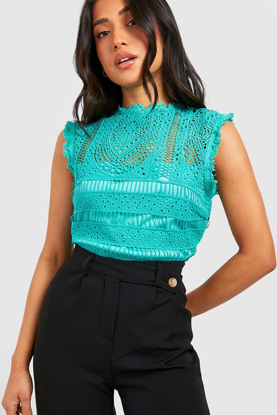 Teal Petite Occasion Crochet Lace Bodysuit image number 1
