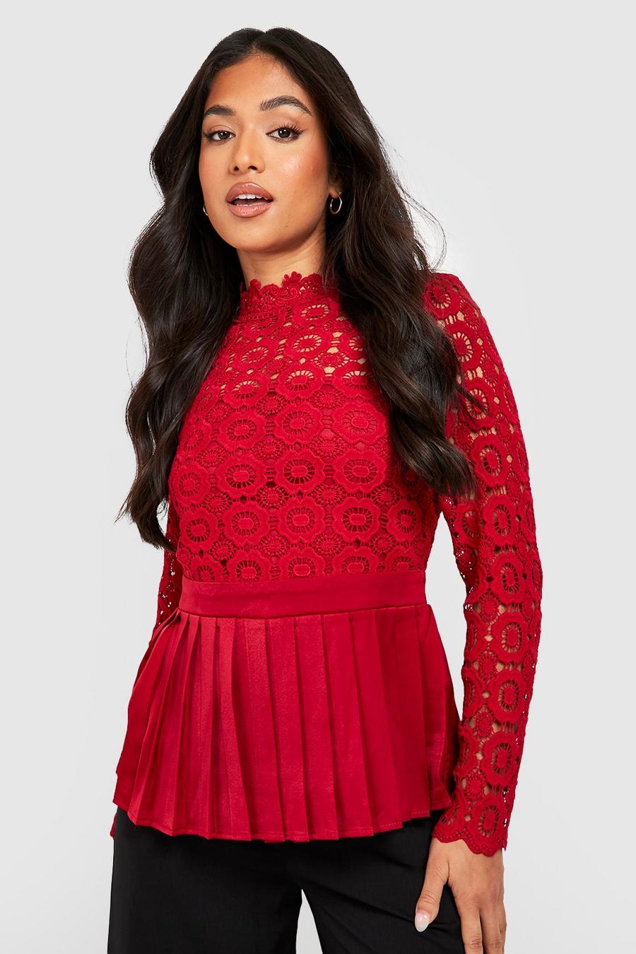 Berry Petite Occasion High Neck Lace Top image number 1