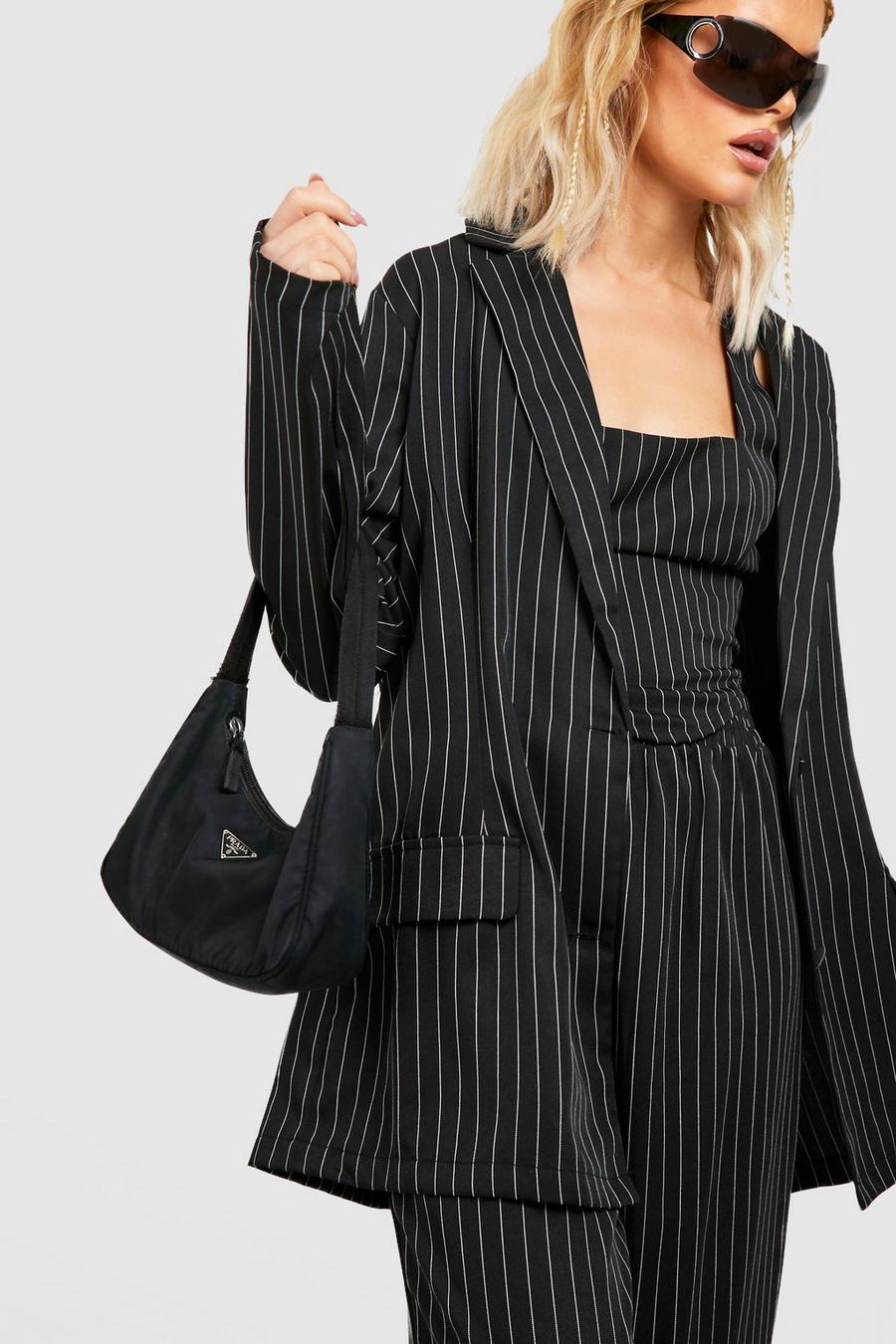 Black Pinstripe Relaxed Fit Tailored Blazer image number 1