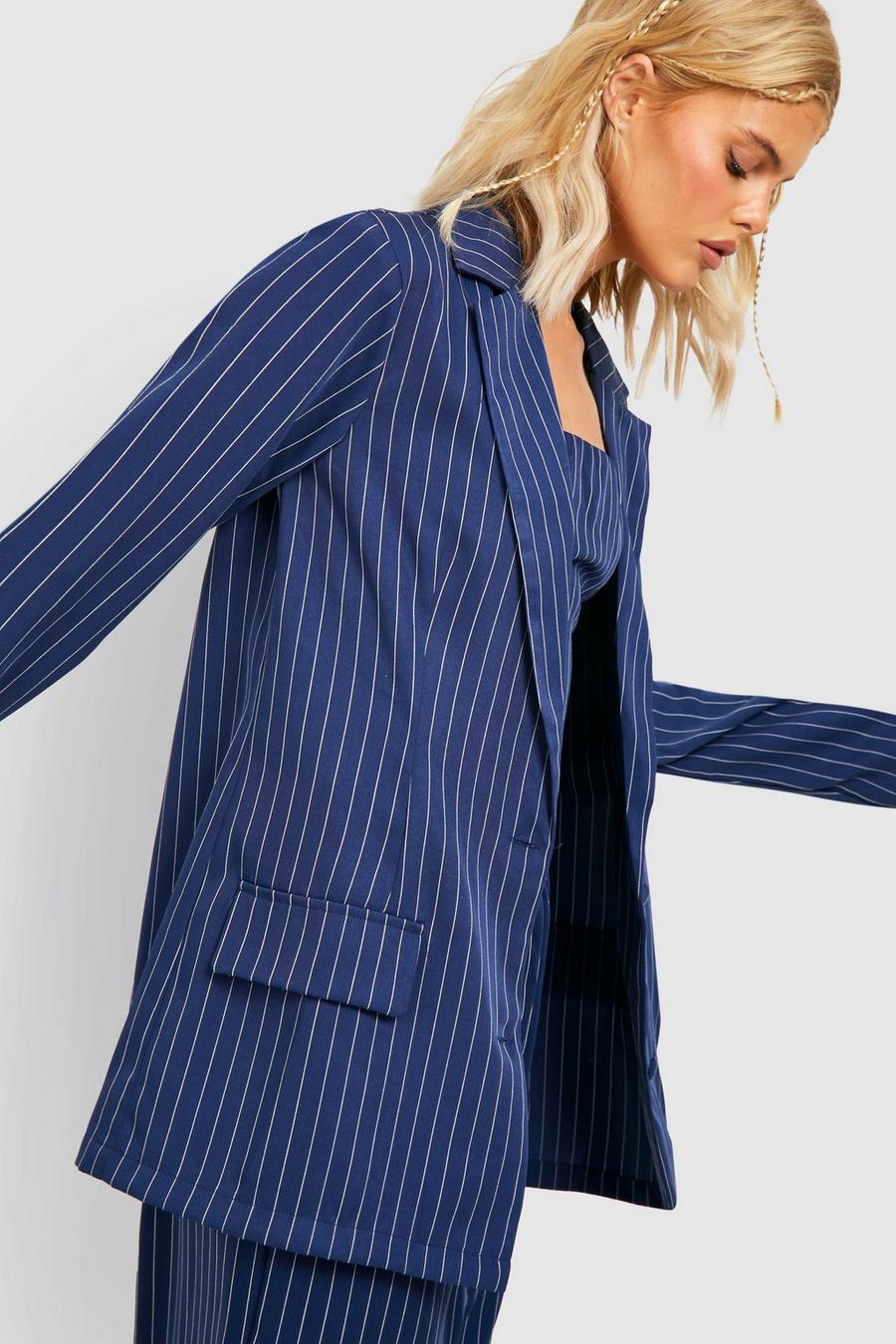 Navy Pinstripe Relaxed Fit Tailored Blazer image number 1