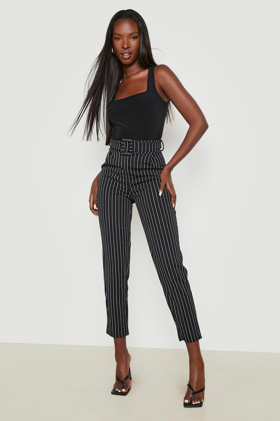Black Pinstripe High Waist Waisted Tapered Pants image number 1
