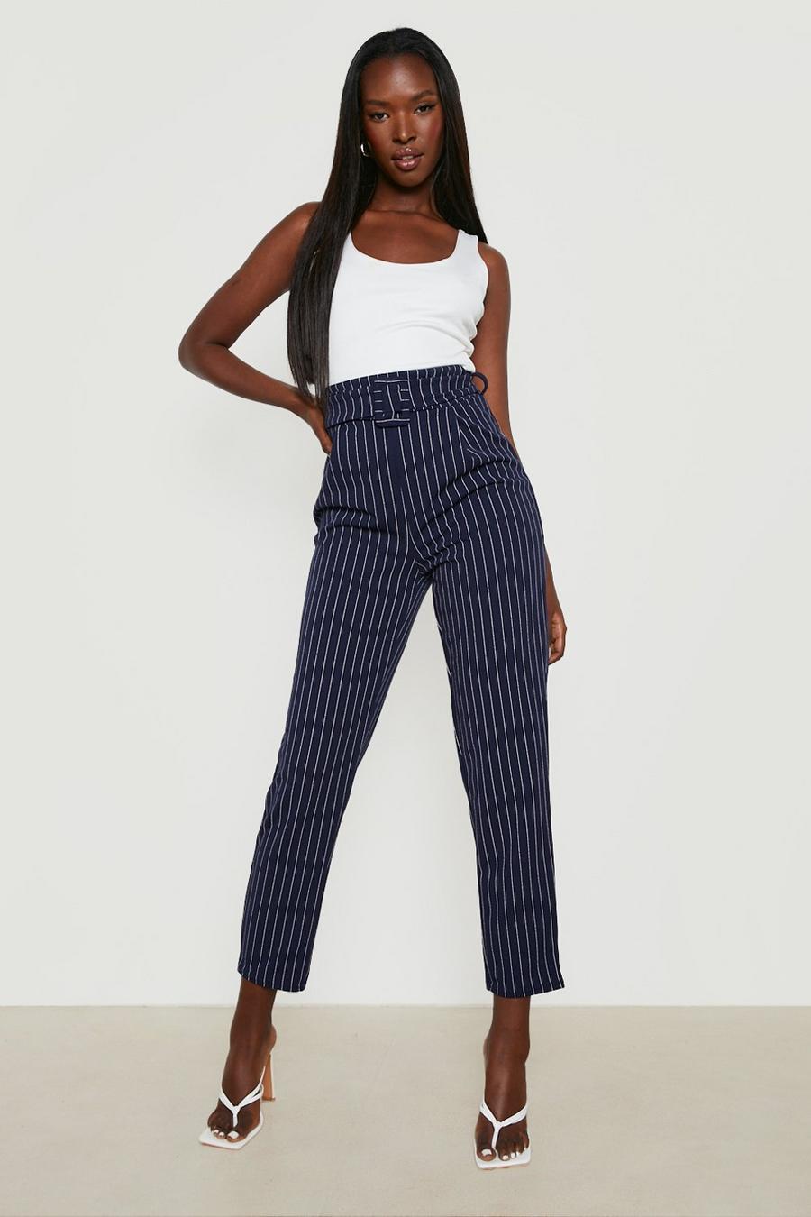 Navy Pinstripe High Waist Waisted Tapered Trouser image number 1