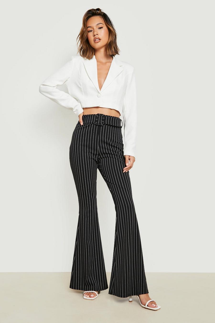 Black Pinstripe High Waist Waisted Belted Flared Trouser image number 1