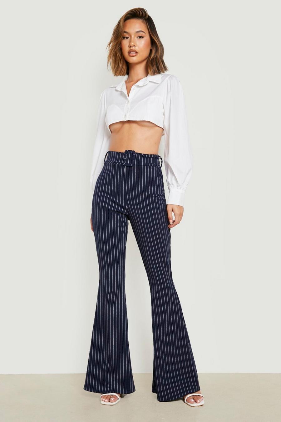 Navy Pinstripe High Waist Waisted Belted Flared Trouser image number 1
