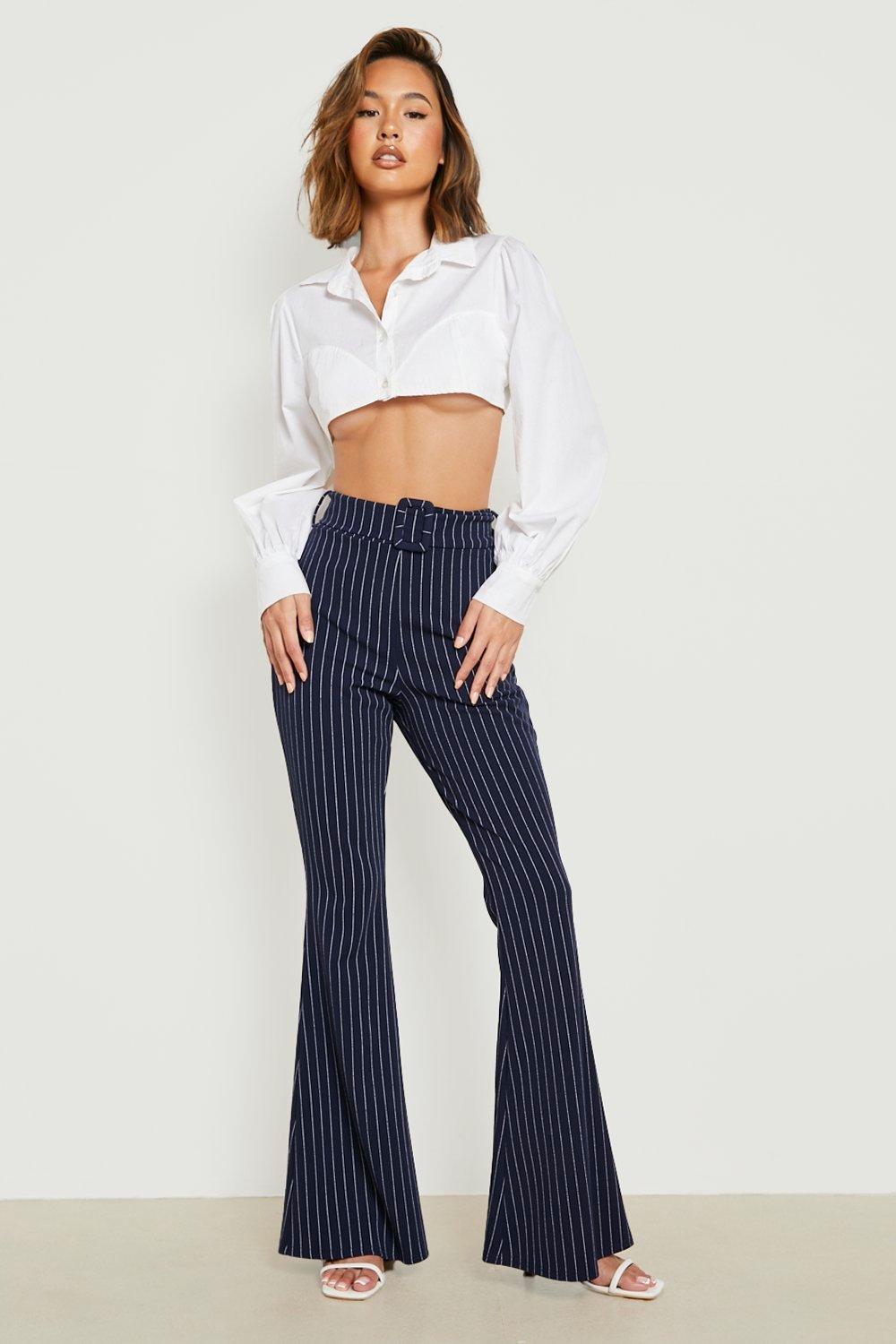 Pinstripe High Waist Waisted Belted Flared Pants