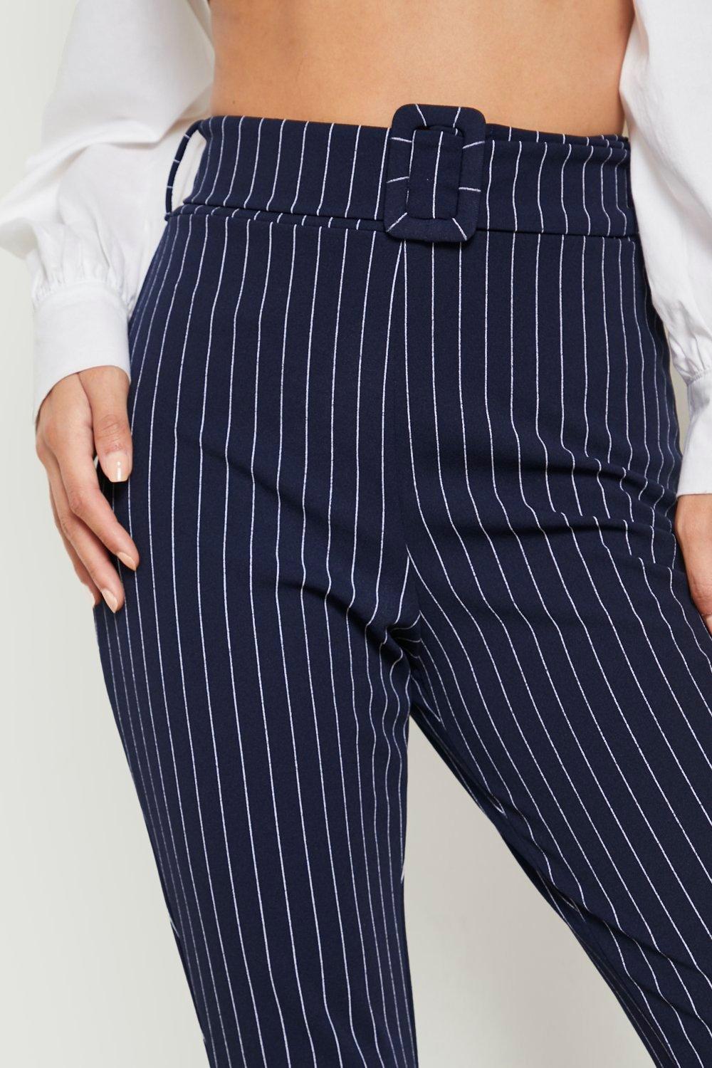 Belted striped high waisted tapered sales pants