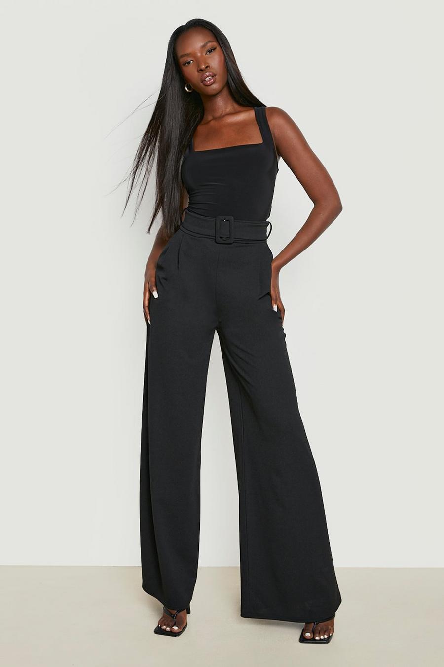 Black High Waisted Buckle Belted Wide Leg Trousers image number 1