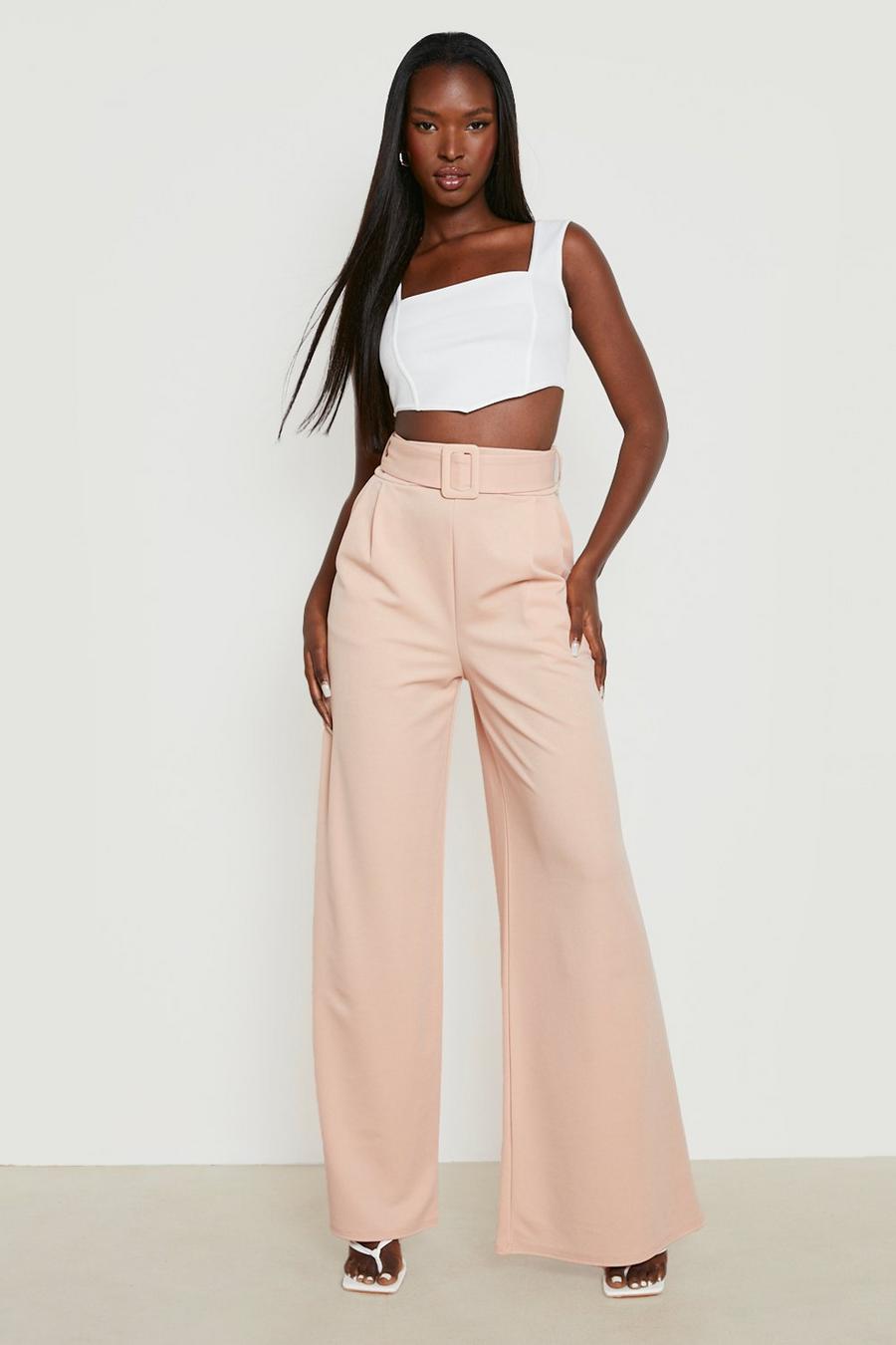 Stone beige High Waisted Buckle Belted Wide Leg Trousers