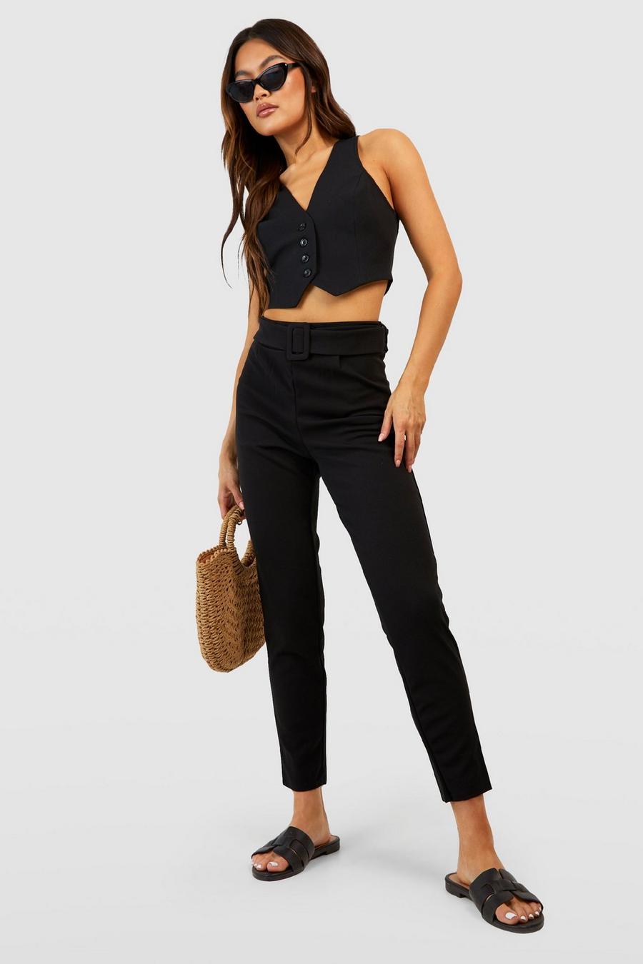Black High Waisted Buckle Belted Tapered Pants image number 1