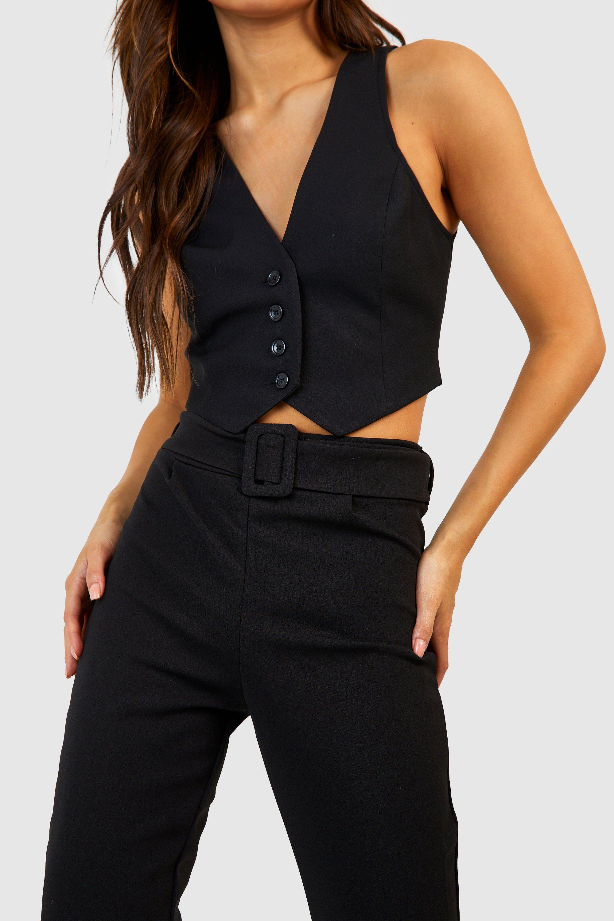 High waisted store belted black trousers