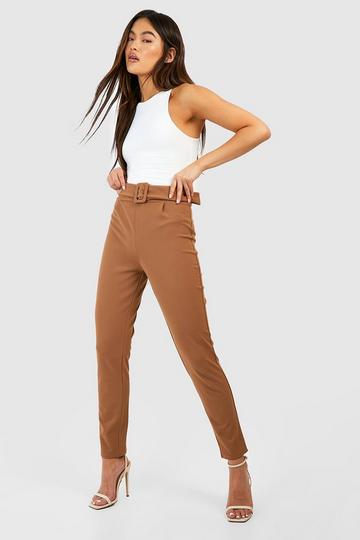 High Waisted Buckle Belted Tapered Pants camel