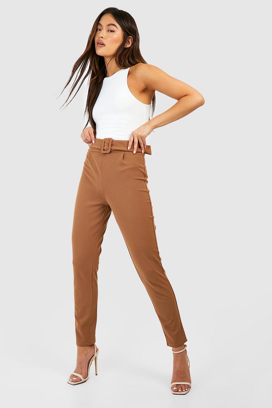 Camel High Waisted Buckle Belted Tapered Pants image number 1