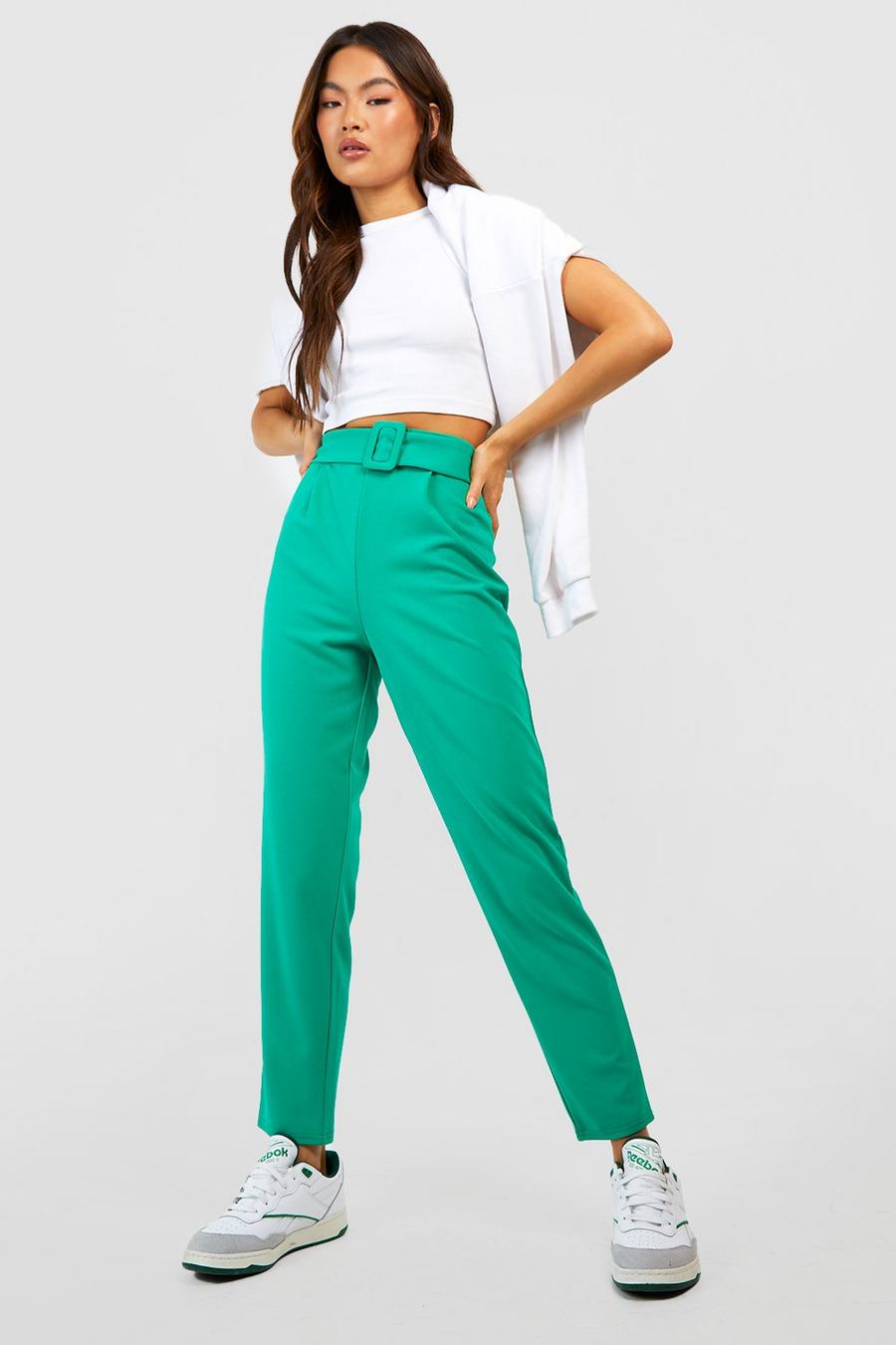 Pantaloni affusolati a vita alta con cintura e fibbia, Green gerde