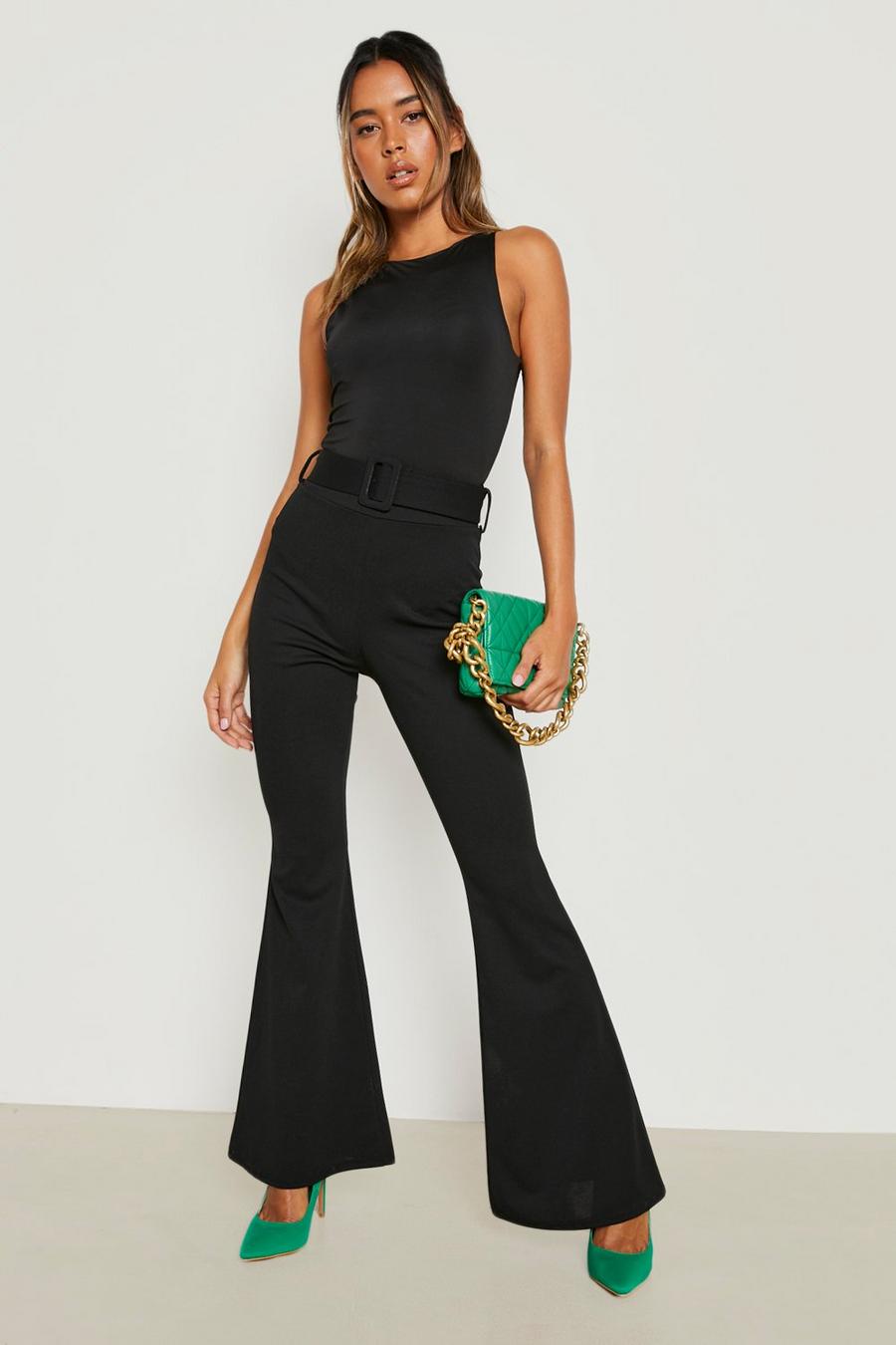 Black High Waisted Buckle Belted Flared Trousers image number 1