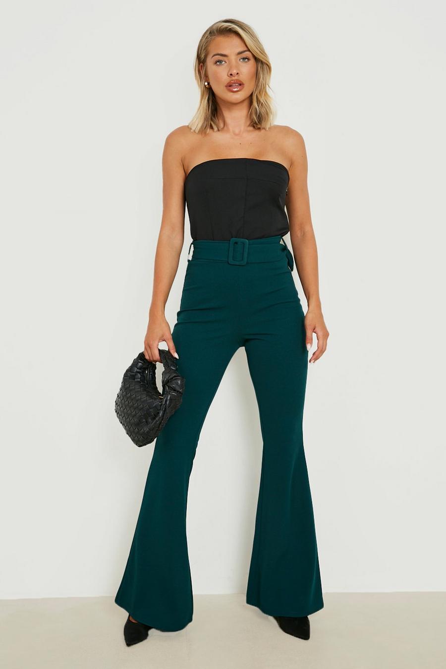Green High Waisted Buckle Belted Flared Pants image number 1
