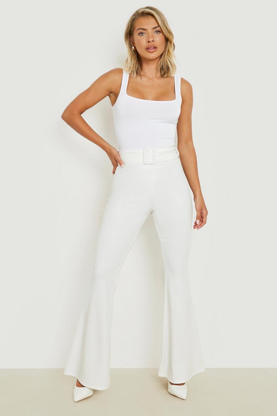 White High Waisted Buckle Belted Flared Trousers image number 1
