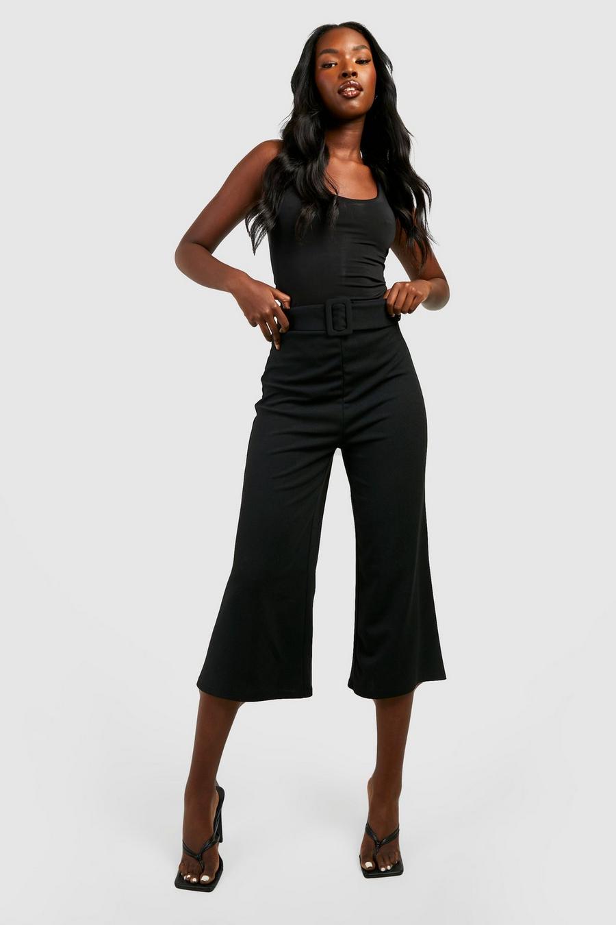 Black High Waisted Buckle Belted Culotte Pants